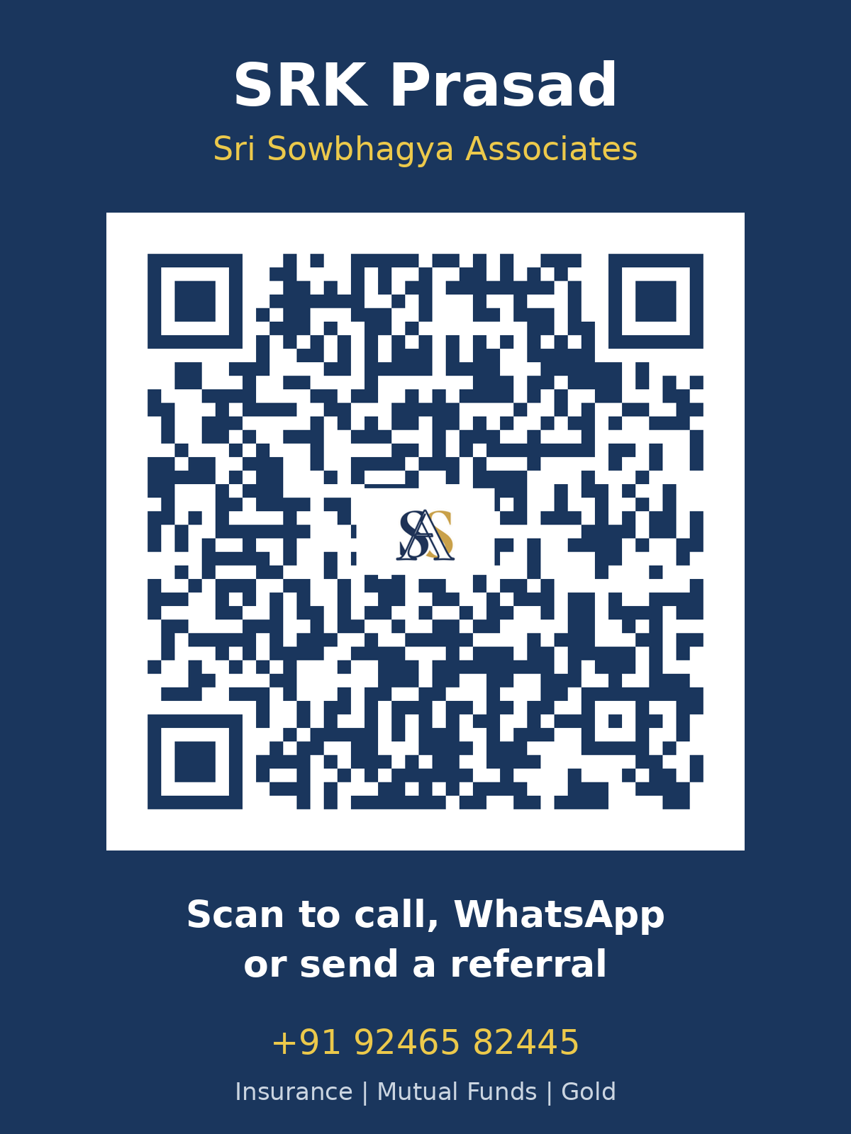 QR code for SRK Prasad, Sri Sowbhagya Associates. Scan to call, WhatsApp, or send a referral. Phone +91 92465 82445.